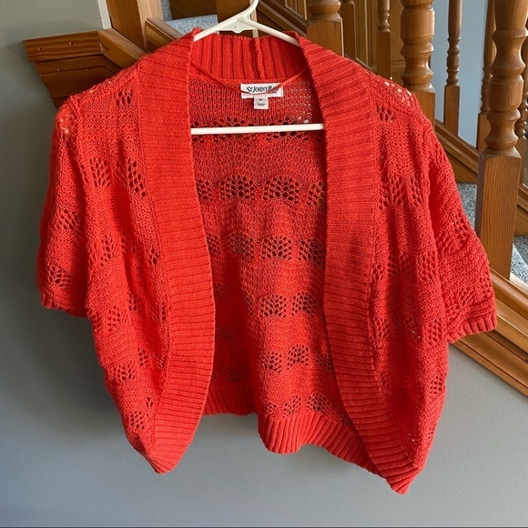 St. John's Bay Cropped Cardigan, Lacey Detail - Picture 1 of 4